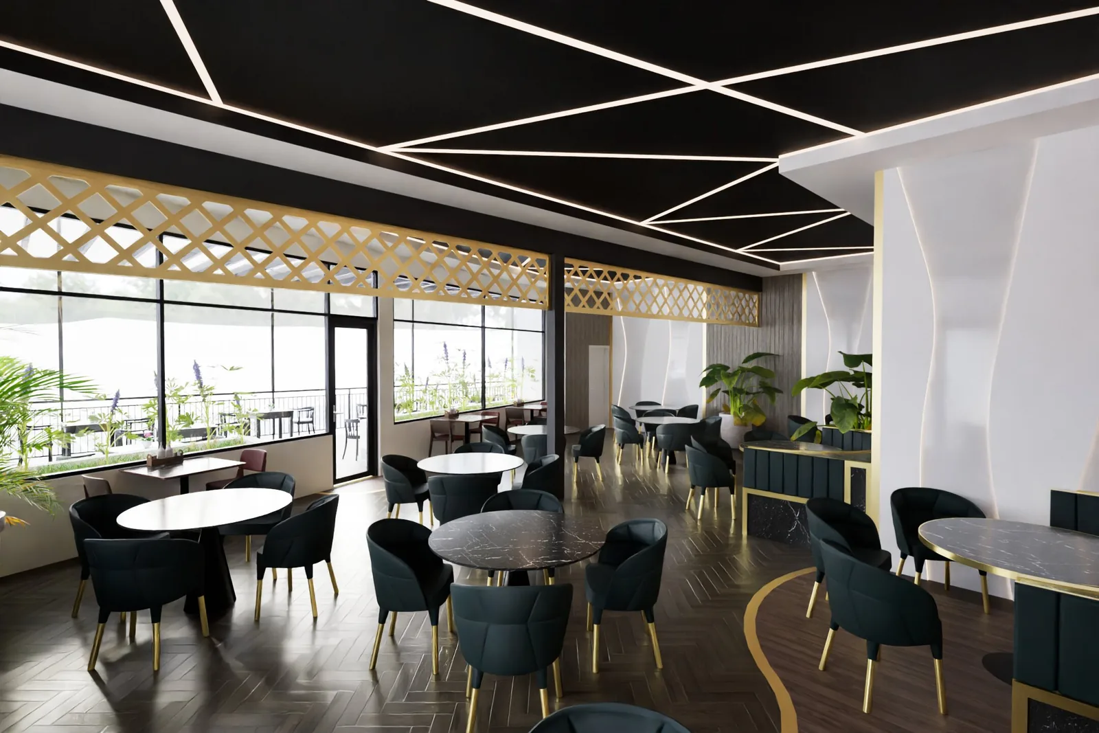Interior visualization for the Skyline Dining Lounge