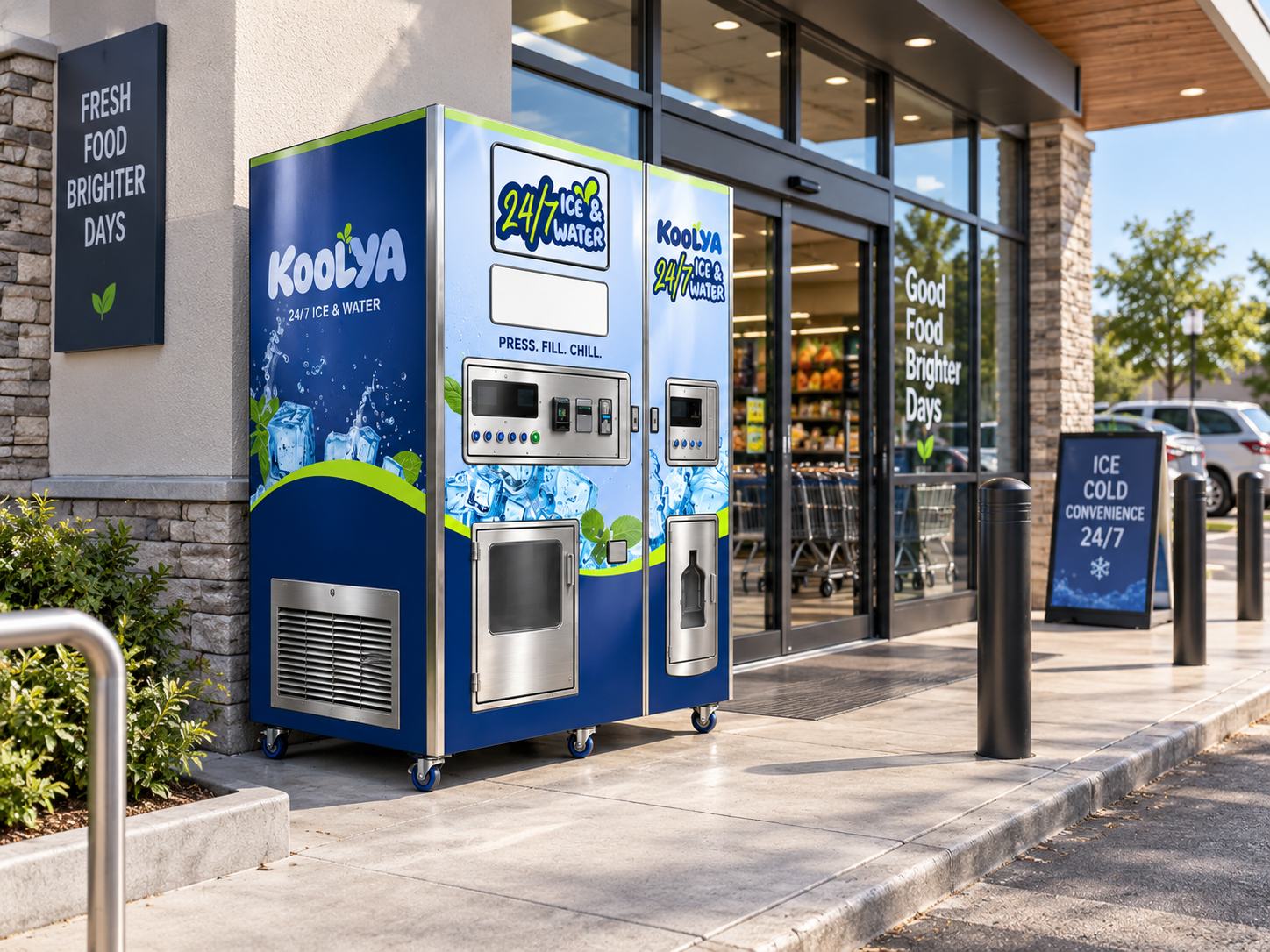KOOLYA branded ice and water vending machine in a supermarket environment