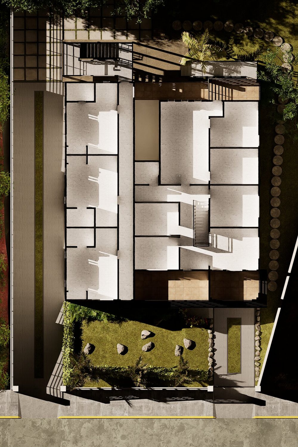 Top-down rendered ground-floor layout study